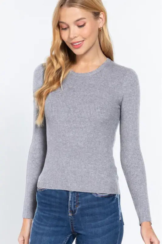 ACTIVE BASIC Full Size Ribbed Round Neck Long Sleeve Knit Top - GREY / S