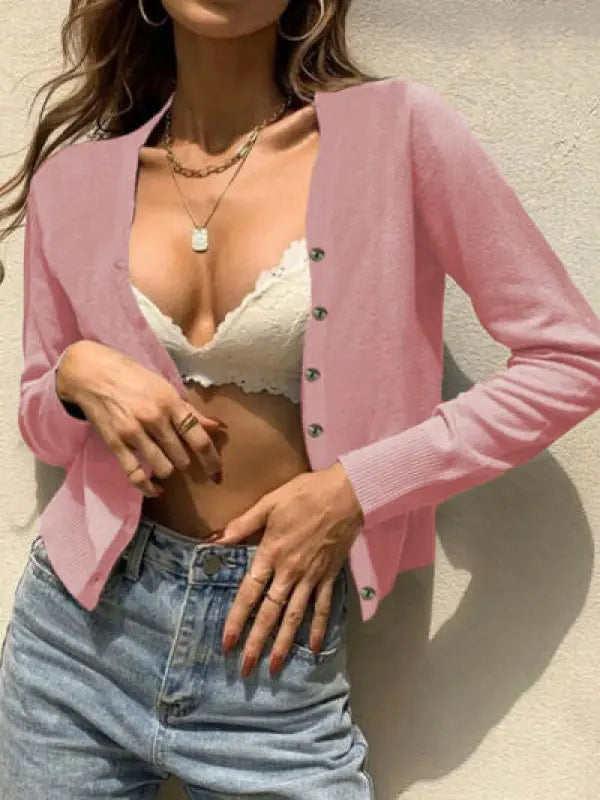 Button Up Long Sleeve Cardigan - Dusty Pink / S