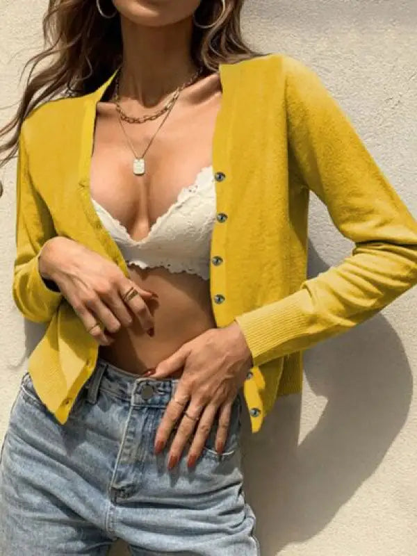 Button Up Long Sleeve Cardigan - Mustard / S