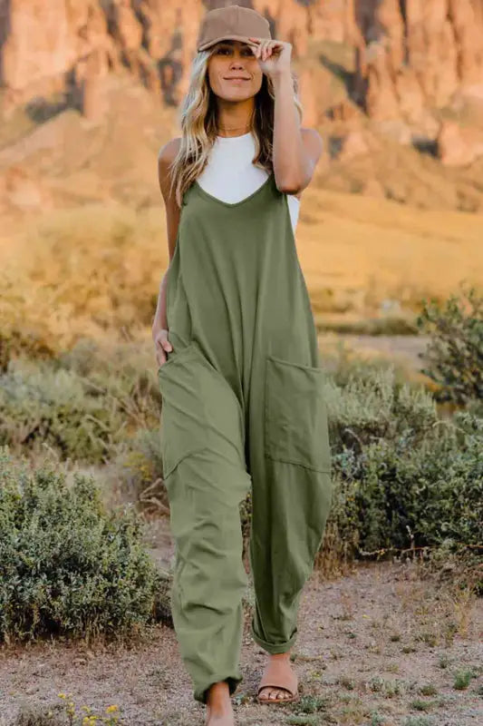 Double Take Full Size V-Neck Sleeveless Jumpsuit with Pockets - Army Green / S