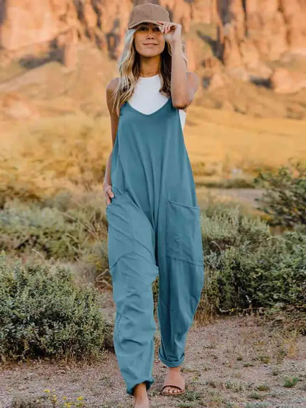 Double Take Full Size V-Neck Sleeveless Jumpsuit with Pockets - Azure / S