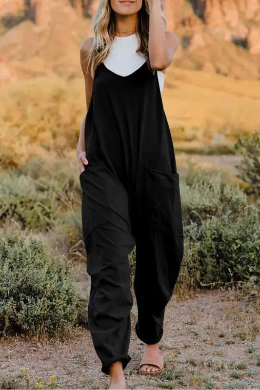 Double Take Full Size V-Neck Sleeveless Jumpsuit with Pockets - Black / S