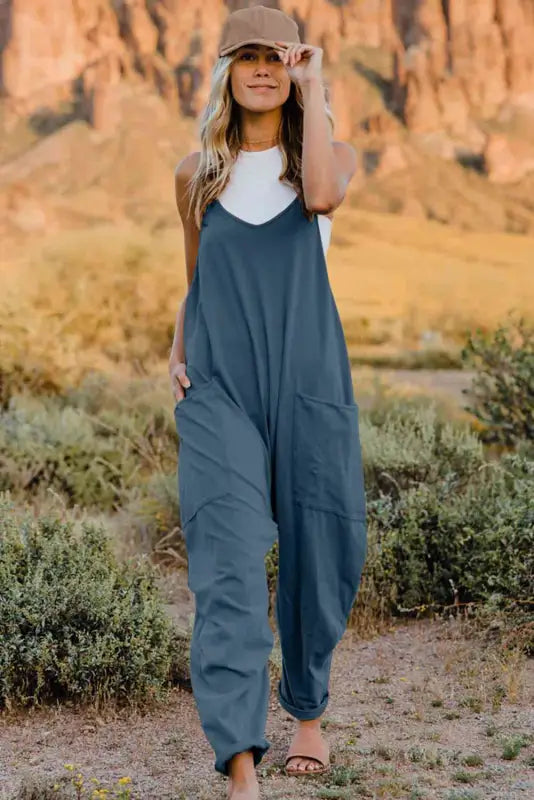 Double Take Full Size V-Neck Sleeveless Jumpsuit with Pockets - Peacock Blue / S