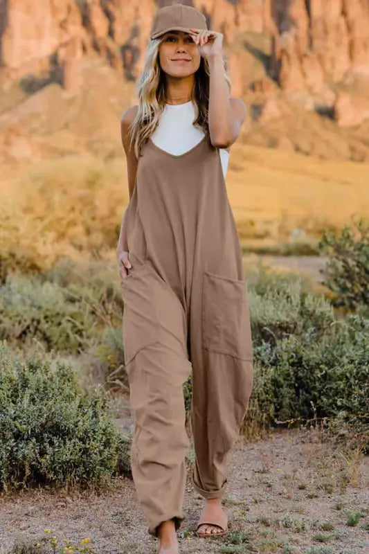 Double Take Full Size V-Neck Sleeveless Jumpsuit with Pockets - Tan / S