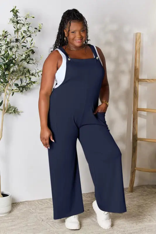 Double Take Full Size Wide Strap Overall with Pockets - Dark Navy / S