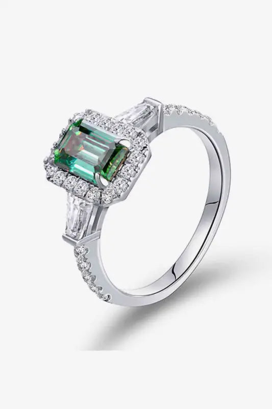 Emerald Cut with Baggets and Halo 1 Carat Moissanite 925 Sterling Silver Ring - Mid Green / 4 - Rings