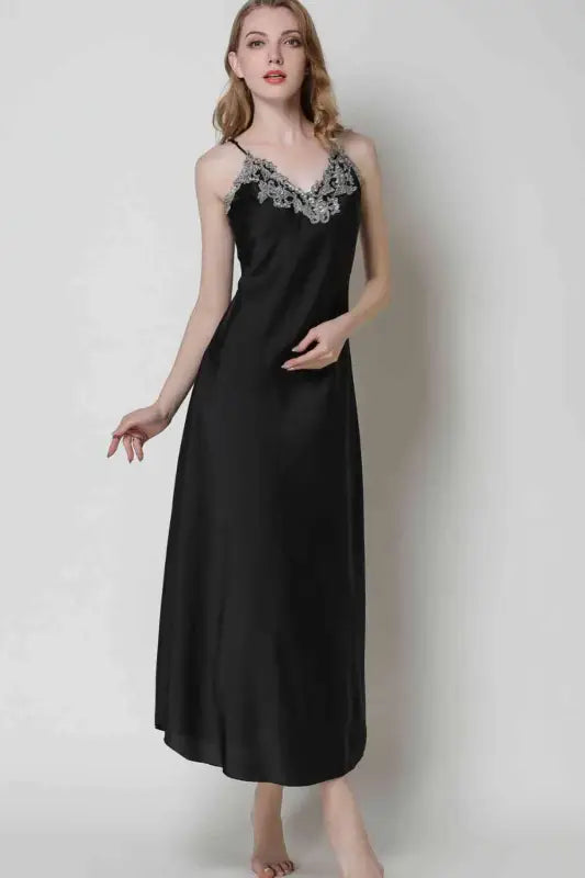 Full Size Lace Trim V-Neck Spaghetti Strap Satin Night Dress - Black / M