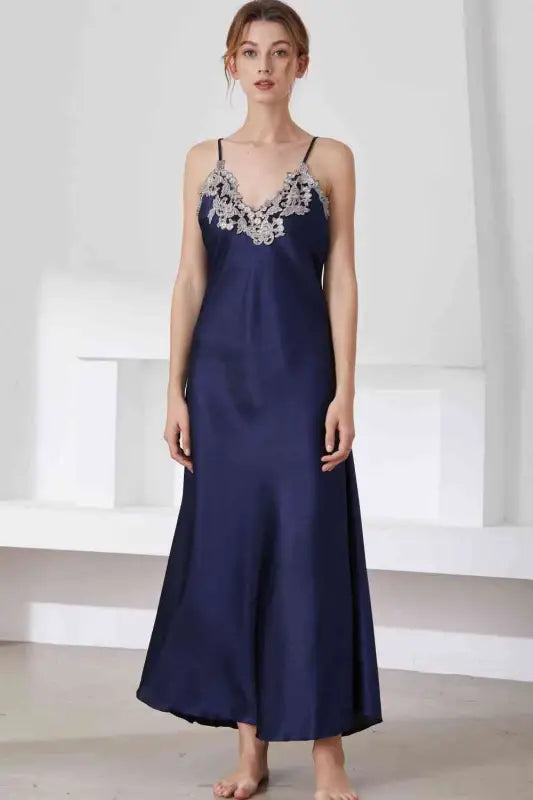 Full Size Lace Trim V-Neck Spaghetti Strap Satin Night Dress - Navy / M