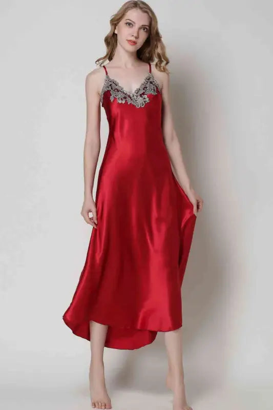 Full Size Lace Trim V-Neck Spaghetti Strap Satin Night Dress - Red / M