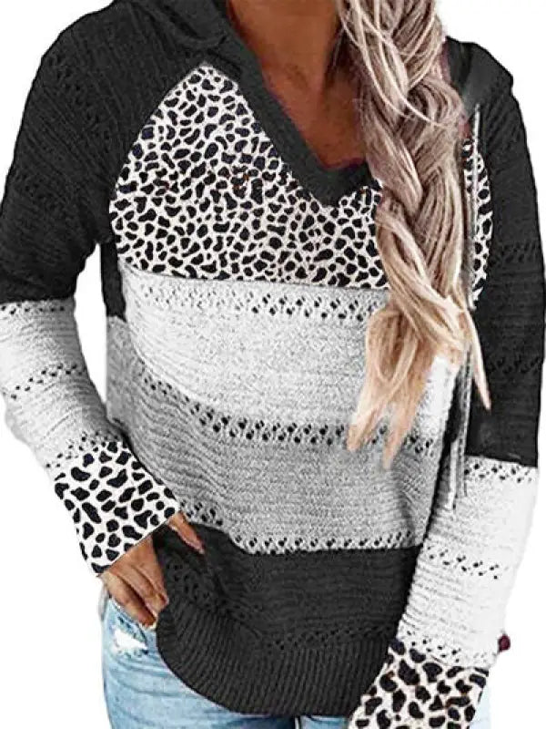 Full Size Openwork Leopard Drawstring Hooded Sweater - Black / S