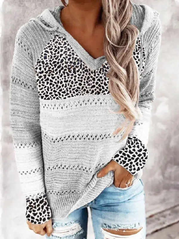 Full Size Openwork Leopard Drawstring Hooded Sweater - Light Gray / S