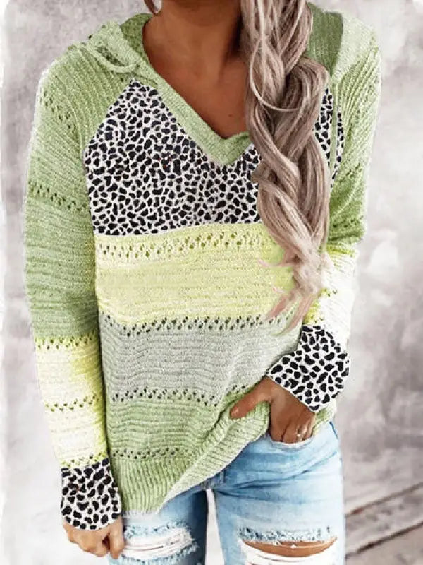 Full Size Openwork Leopard Drawstring Hooded Sweater - Light Green / S