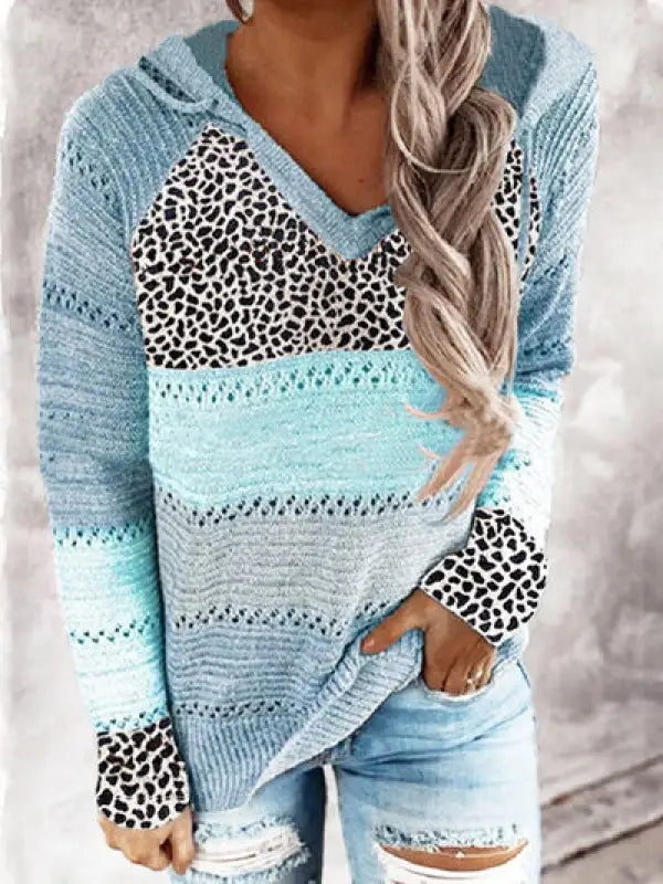 Full Size Openwork Leopard Drawstring Hooded Sweater - Misty Blue / S