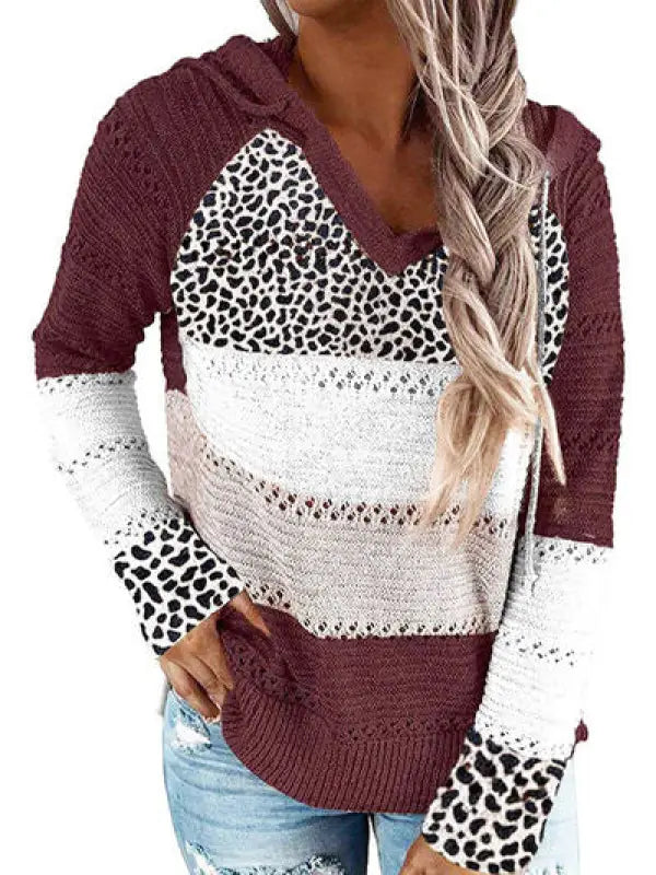 Full Size Openwork Leopard Drawstring Hooded Sweater - Wine / S