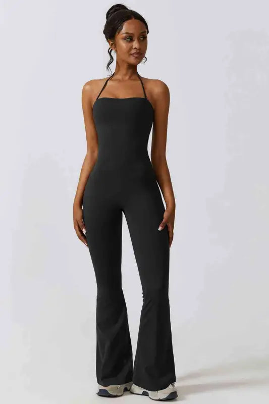 Halter Neck Flare Sport Jumpsuit - Black / S