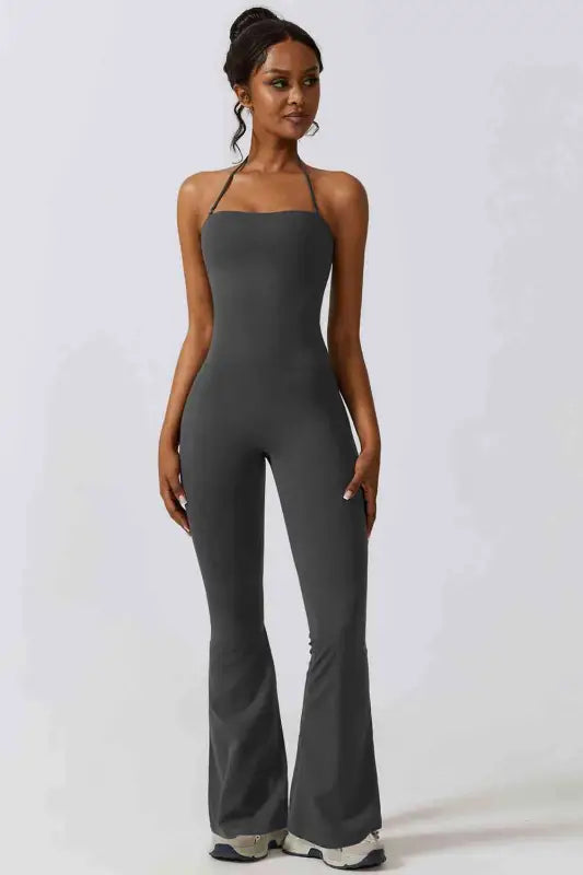 Halter Neck Flare Sport Jumpsuit - Charcoal / S