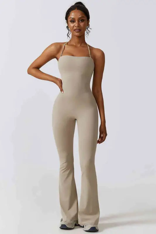 Halter Neck Flare Sport Jumpsuit - Cream / S