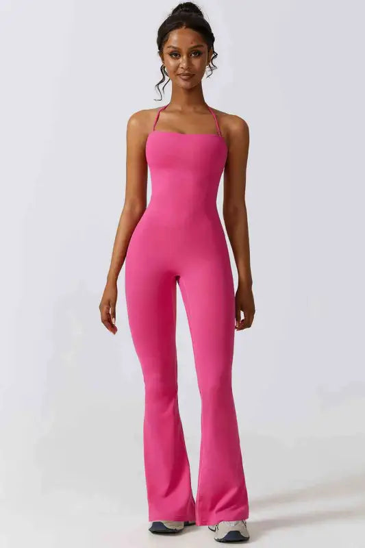 Halter Neck Flare Sport Jumpsuit - Hot Pink / S