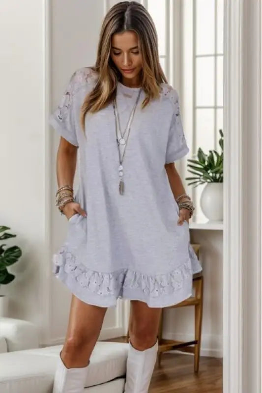 Lace Detail Round Neck Short Sleeve Dress - Heather Gray / S