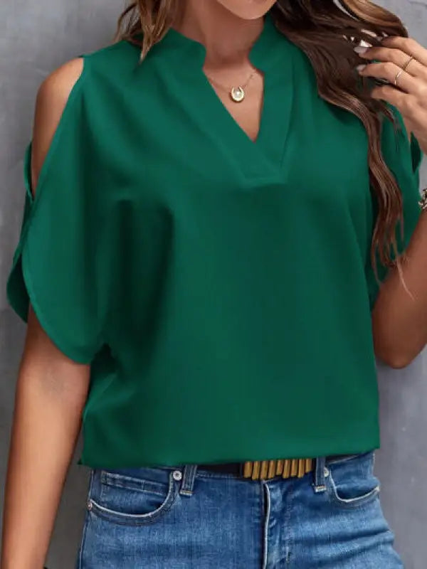 Notched Cold Shoulder Blouse - Green / S