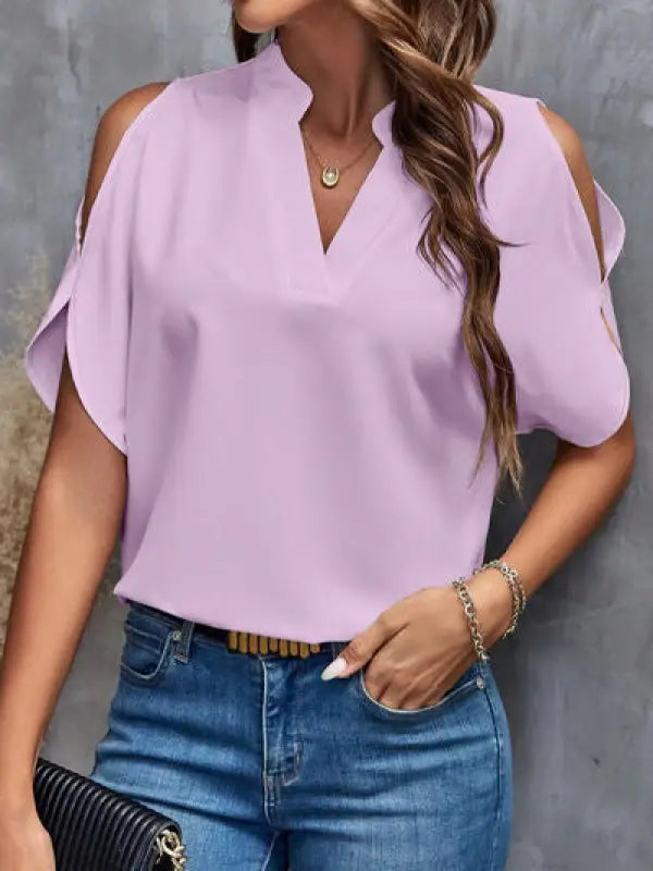 Notched Cold Shoulder Blouse - Lilac / S