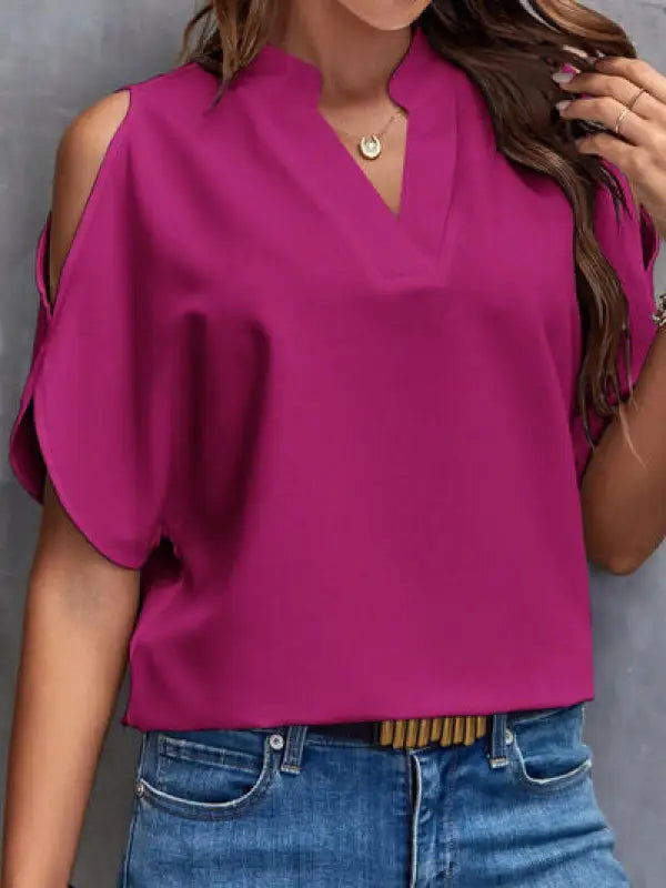 Notched Cold Shoulder Blouse - Magenta / S