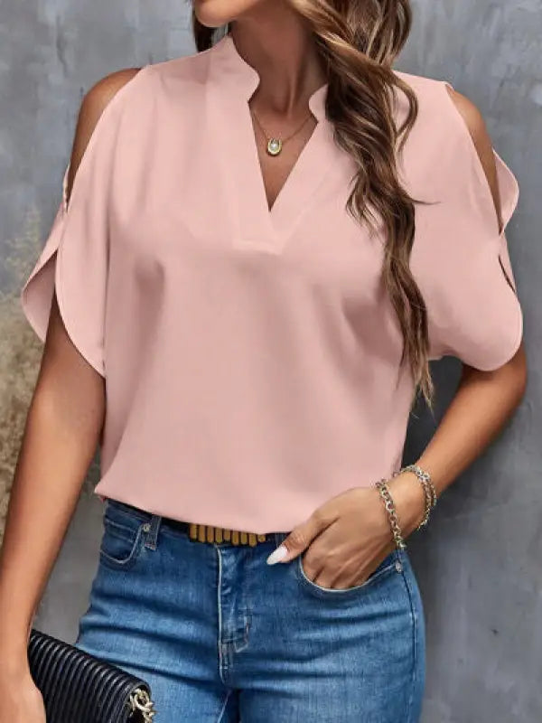 Notched Cold Shoulder Blouse - Peach / S