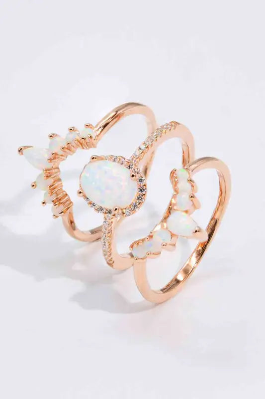 Opal and Rose Gold Three-Piece Ring Set - Opal / 5 - Rings