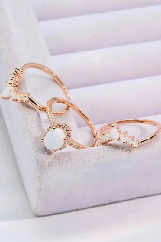 Opal and Rose Gold Three-Piece Ring Set - Rings