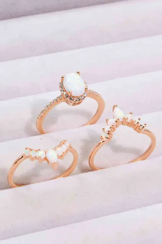 Opal and Rose Gold Three-Piece Ring Set - Rings