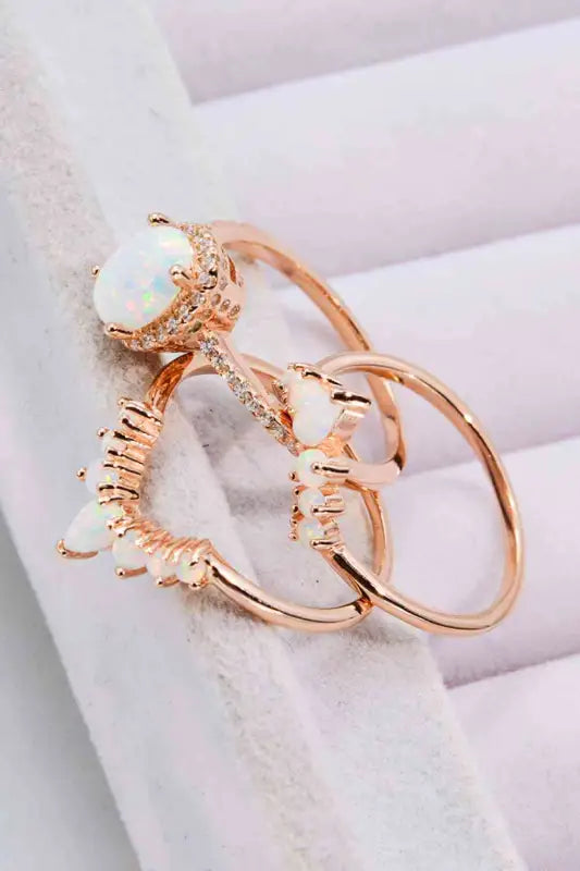 Opal and Rose Gold Three-Piece Ring Set - Rings