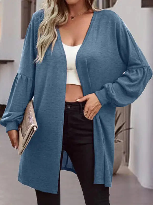 Open Front Long Sleeve Cardigan - Dusty Blue / S