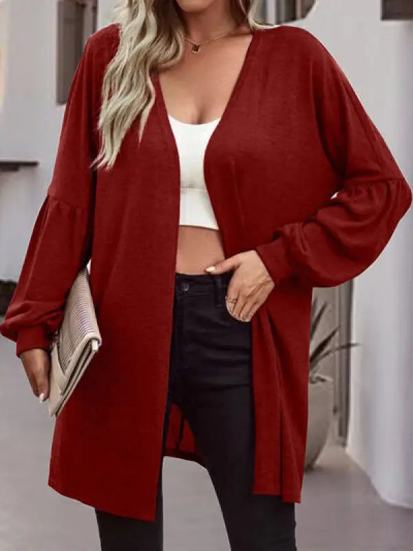 Open Front Long Sleeve Cardigan - Wine / S