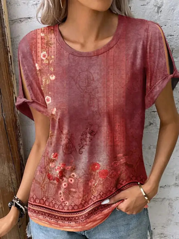 Printed Round Neck Short Sleeve T-Shirt - Burnt Coral / S