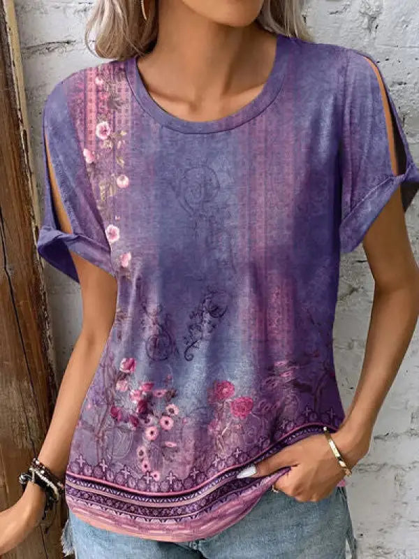 Printed Round Neck Short Sleeve T-Shirt - Dusty Purple / S