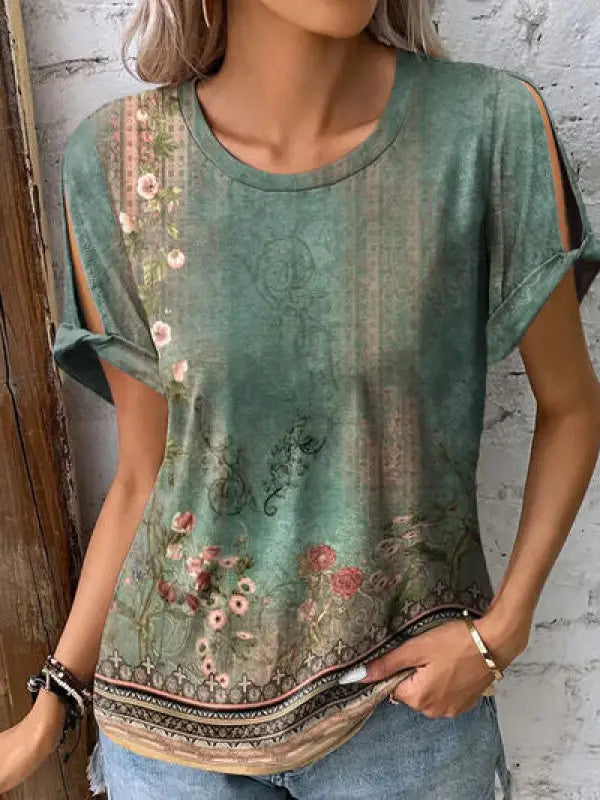 Printed Round Neck Short Sleeve T-Shirt - Sage / S