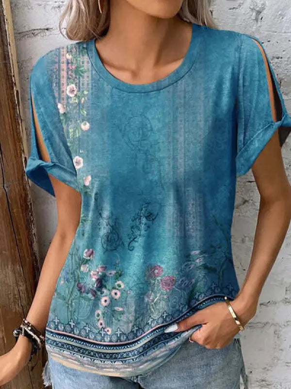 Printed Round Neck Short Sleeve T-Shirt - Ultra marine / S