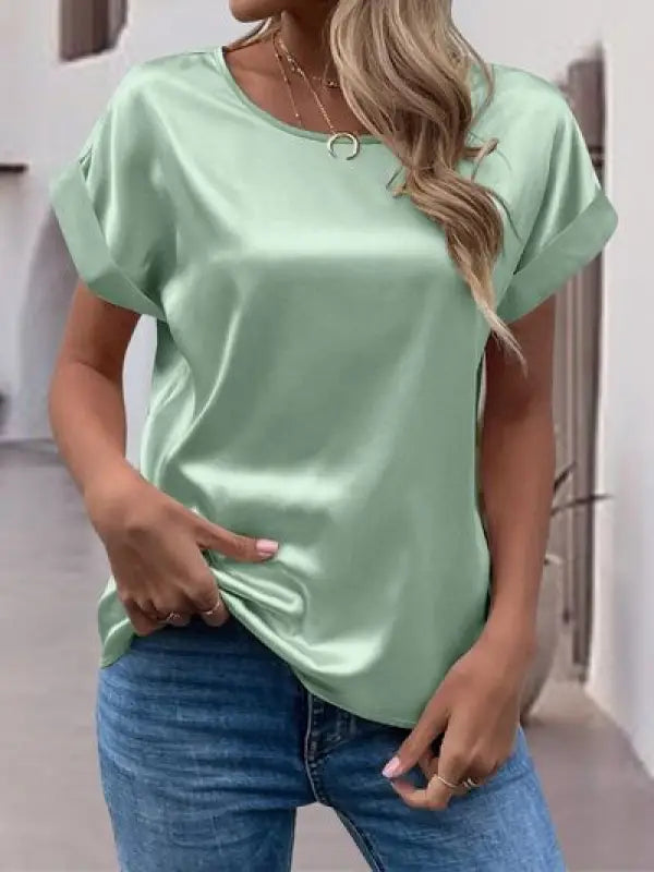 Round Neck Short Sleeve T-Shirt - Light Green / S