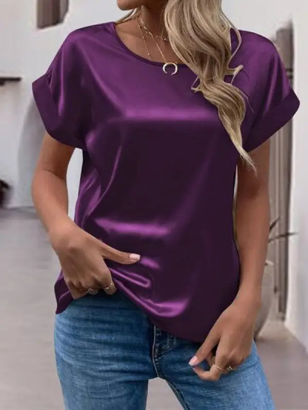 Round Neck Short Sleeve T-Shirt - Plum / S