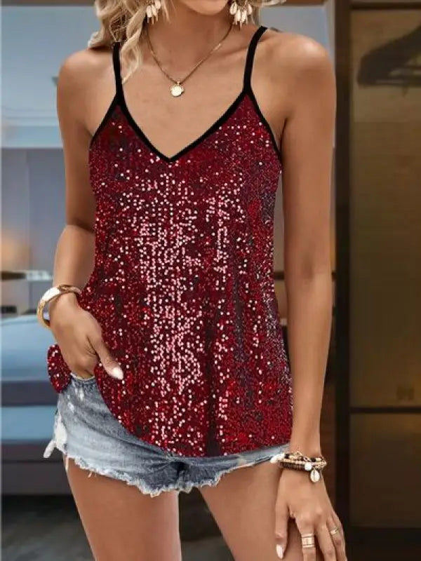 Sequin V-Neck Spaghetti Strap Cami - Wine / S