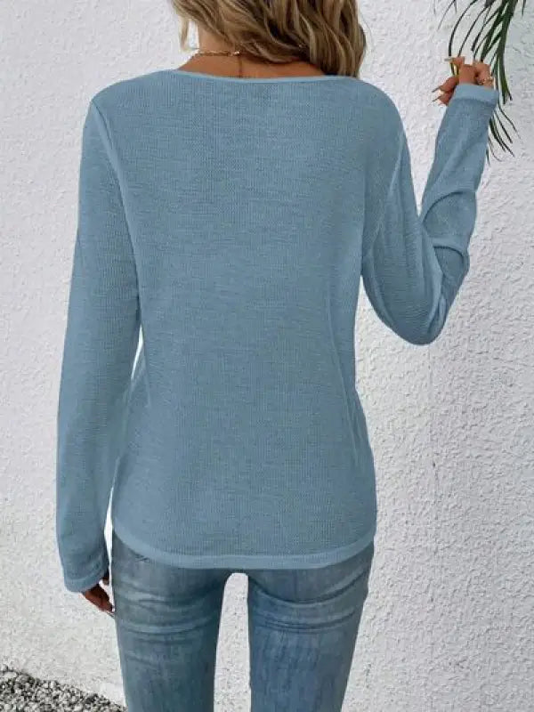 Waffle-Knit Lace Detail V-Neck Long Sleeve T-Shirt