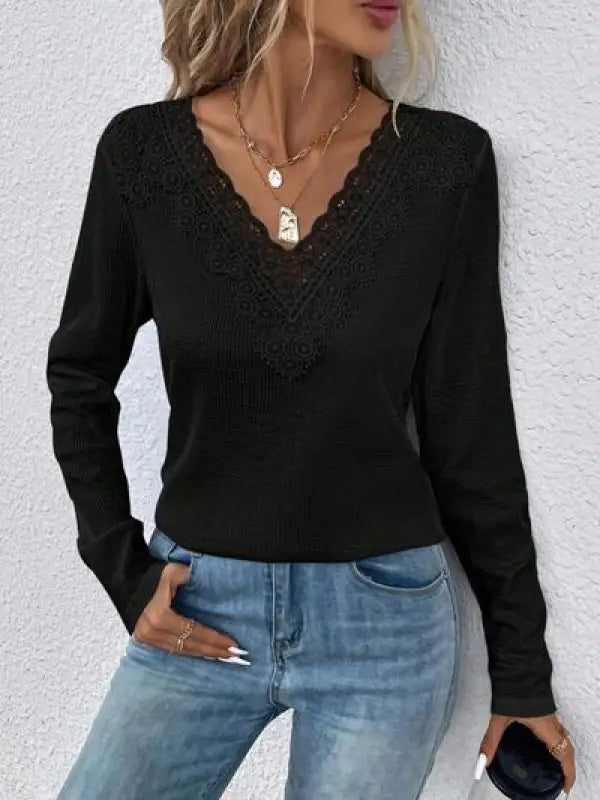 Waffle-Knit Lace Detail V-Neck Long Sleeve T-Shirt - Black / S