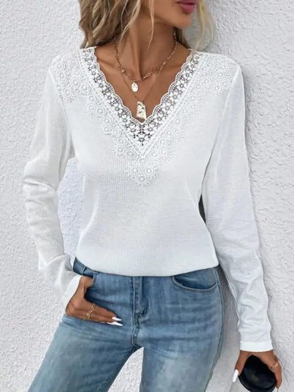 Waffle-Knit Lace Detail V-Neck Long Sleeve T-Shirt - White / S