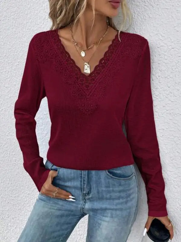 Waffle-Knit Lace Detail V-Neck Long Sleeve T-Shirt - Wine / S