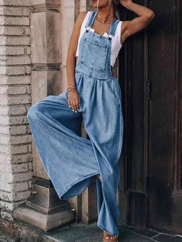 Wide Leg Denim Overalls - Light / S