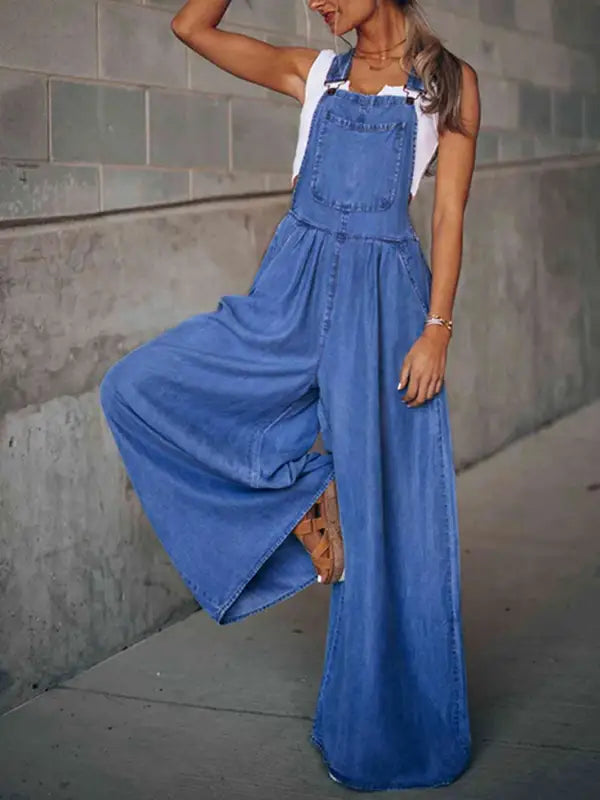 Wide Leg Denim Overalls - Medium / S