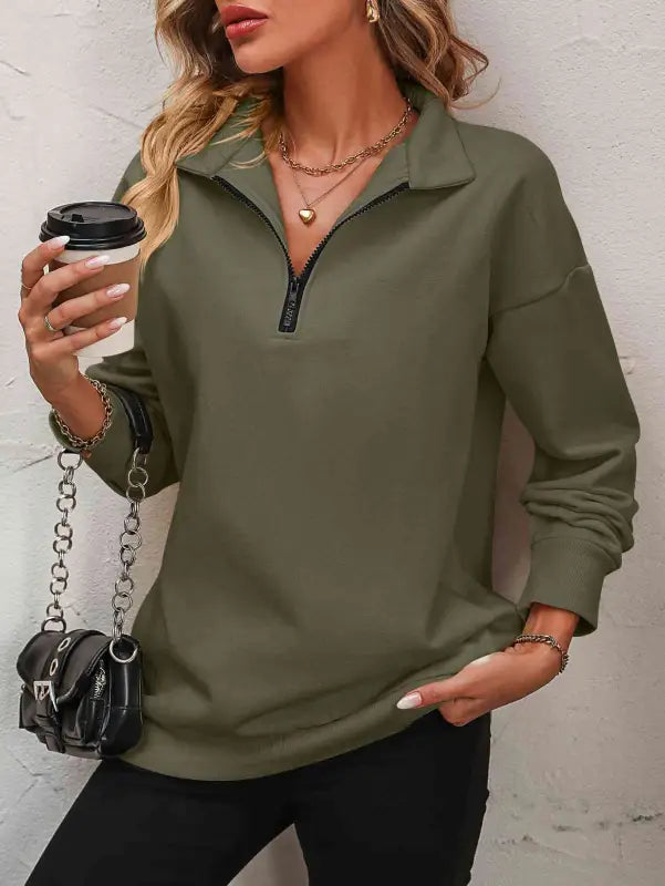 Zip-Up Dropped Shoulder Sweatshirt - Army Green / S