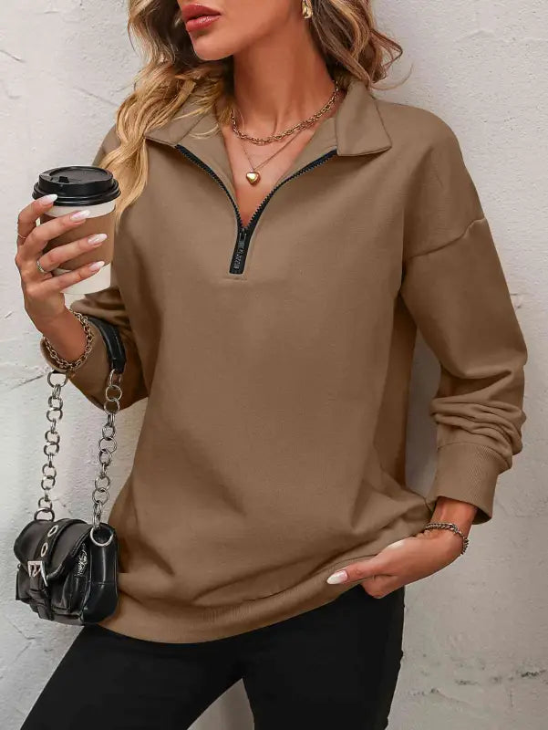 Zip-Up Dropped Shoulder Sweatshirt - Camel / S