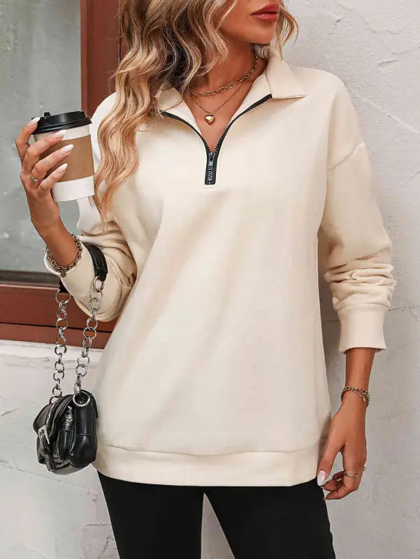 Zip-Up Dropped Shoulder Sweatshirt - Light Apricot / S