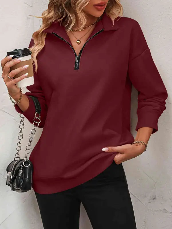 Zip-Up Dropped Shoulder Sweatshirt - Wine / S